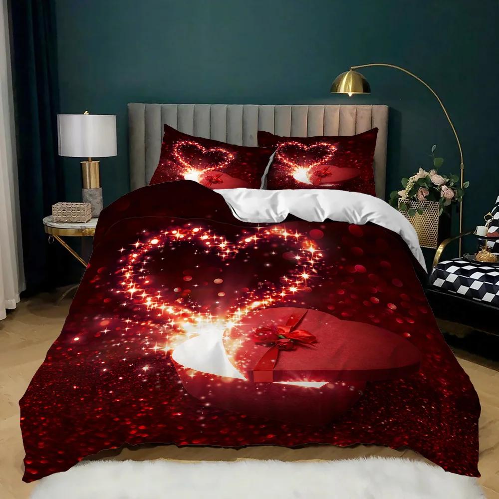 Room Decor Home Bedding Sets 2/3pcs Red Heart Printing Queen Size Pillowcase Duvet Cover Set Polyester Bedclothes