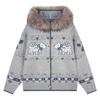 51 Hip-Hop American Retro Fur Collar Jacquard Hooded Knit Cardigan Jacket for Men, Winter Fair Isle Puppy Sweater for Women