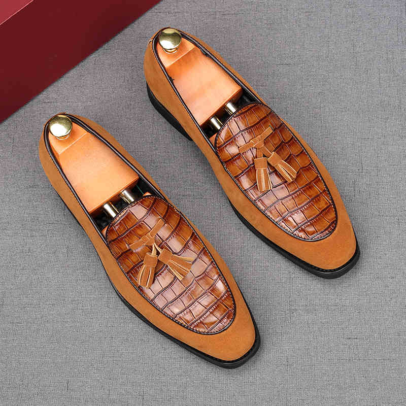 Fashion Fashion New Men's Tassels Suede Leather Patchwork Flats Shoes Male Designer Loafers Homecoming Wedding Dress Footwear