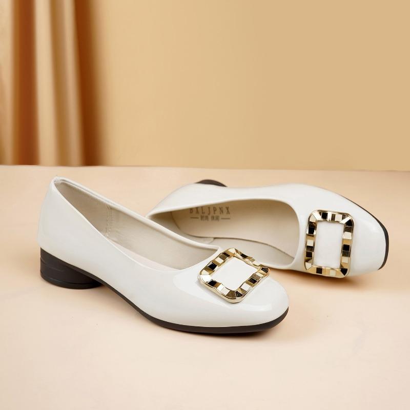 Patent Leather Comfortable Square Head Thick Heel Low Heel Thin Metal Square Buckle Single Shoes Autumn New Commuter Shoes