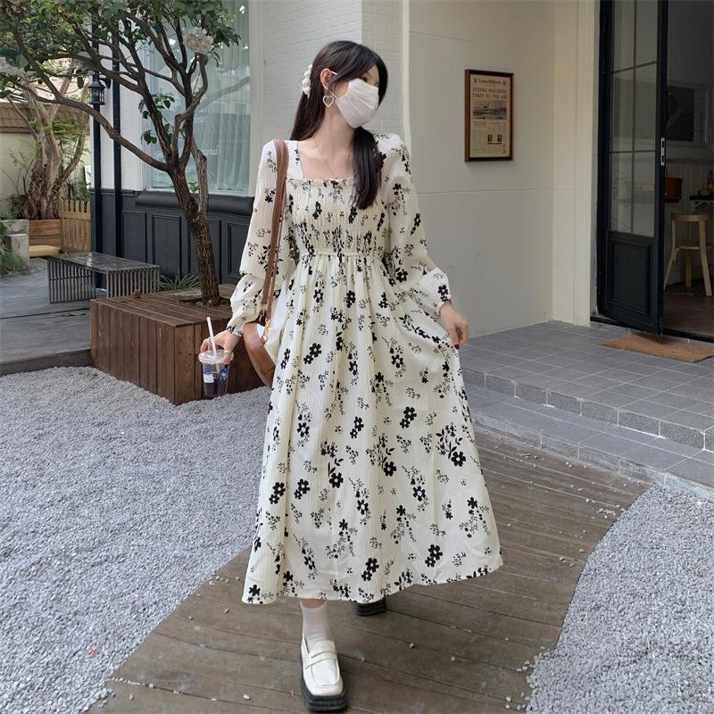 Women's Floral French-Style Slim Long Dress - Autumn/Winter 2022