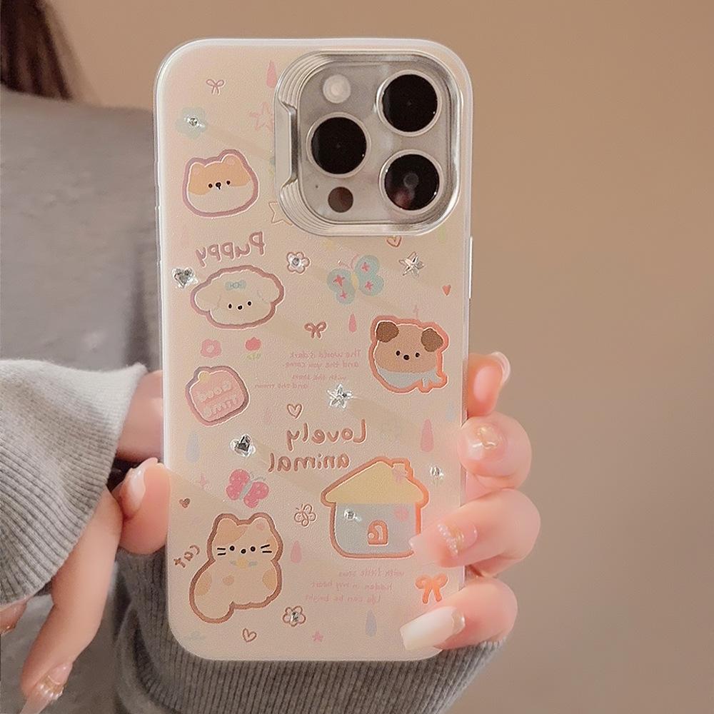 Cartoon doodle puppy and cat phone case suitable for Apple 15 Pro Max, iPhone 17 with hanging chain, 16 hard case, 13