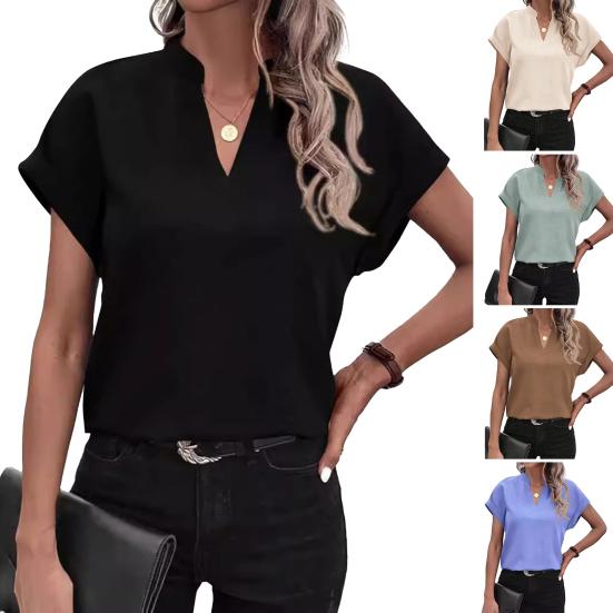 Women Summer Casual Shirt V-Neck Short Sleeve Loose Fit Pullover Tops Office Lady Simple Blouse Workwear