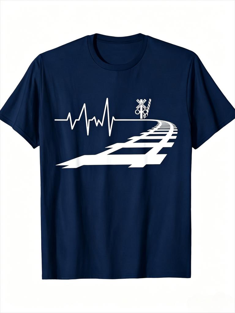 Train Fan Heartbeat Railway Tracks Print TShirt Railroad Crossing Sign Graphic Tee Unisex Unisex Daily Wear Short Sleeve Tops