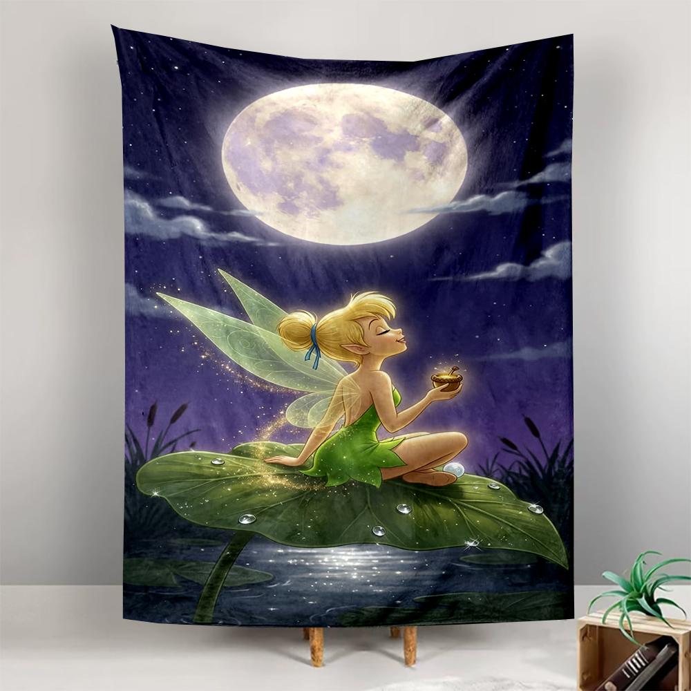 Art Tapestry - Tinkerbell Fairy Full Moon Lily Pad Pond Cartoon Art Girls Room Nursery Decor for Dorm Room