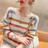 Striped Knit Sweater Women's Fall-winter Loose Contrasting Bat Shirt Top Rainbow Stripe Long Sleeve Cut-out Thin Sweater Women