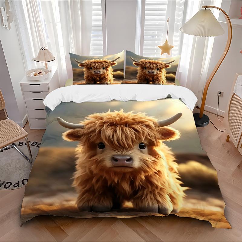 3Pcs Highland Cow Adventure Bedding Set Quilt Cover Pillowcase Home Christmas Xmas Halloween Gift 1 Duvet Cover 2 Pillowcase M924421
