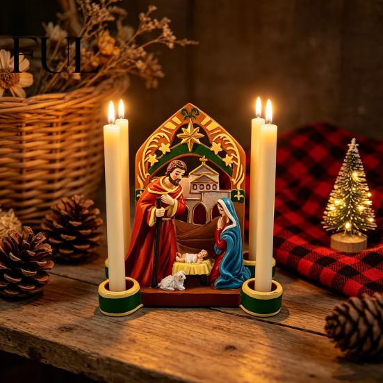 Seasonal Atmosphere Candle Accessories Christmas Nativity Scene Holder, Holy Family Manger Figurine with 4 Decorative Stands for Fireplaces