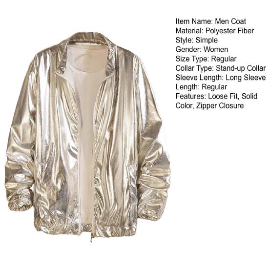 Мужское пальто со стойкой воротником, длинными рукавами, застежкой на молнии, карманами, однотонное, весенне-осеннее, с глянцевым дизайном, верхняя одежда