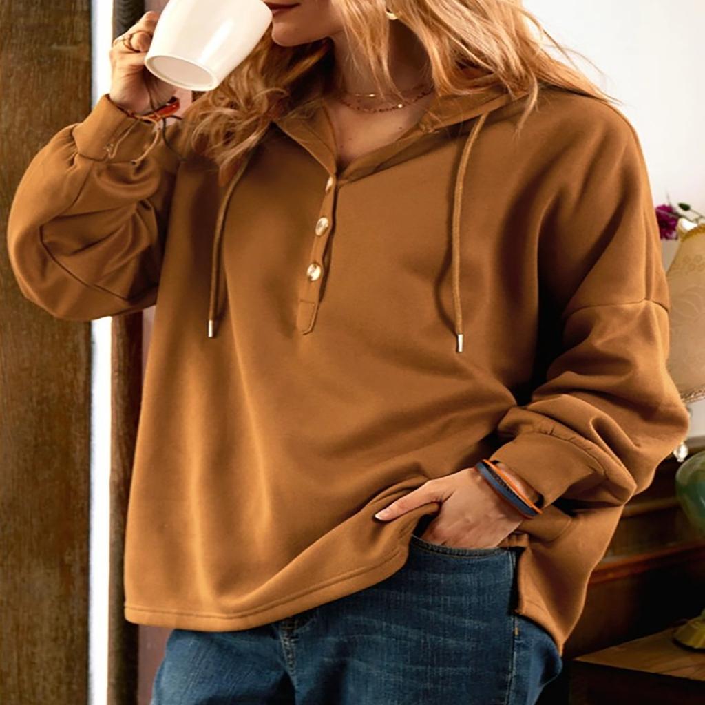 Autumn and Winter Women's Solid Color Hooded Sweatshirt Button Drawstring Top
