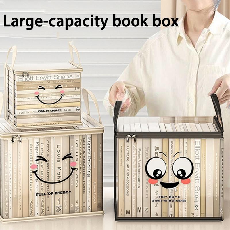 Clear PVC Book Storage Box Large Opening Design Double Handles Pliable Organiser for Home Office Classroom