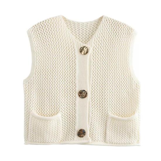 Женский вязаный жилет с V-образным вырезом, без рукавов, однобортный, с карманами, вязаный жилет, универсальный однотонный трикотаж