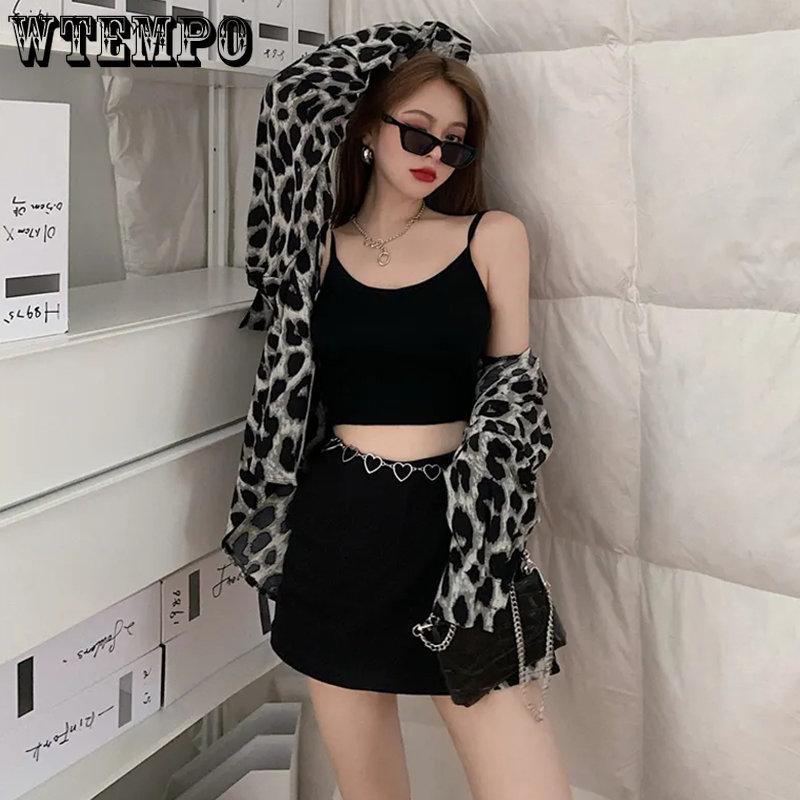 Женские винтажные футболки с длинными рукавами с леопардовым принтом, женские весенне-осенние повседневные однобортные рубашки средней длины, уличная одежда