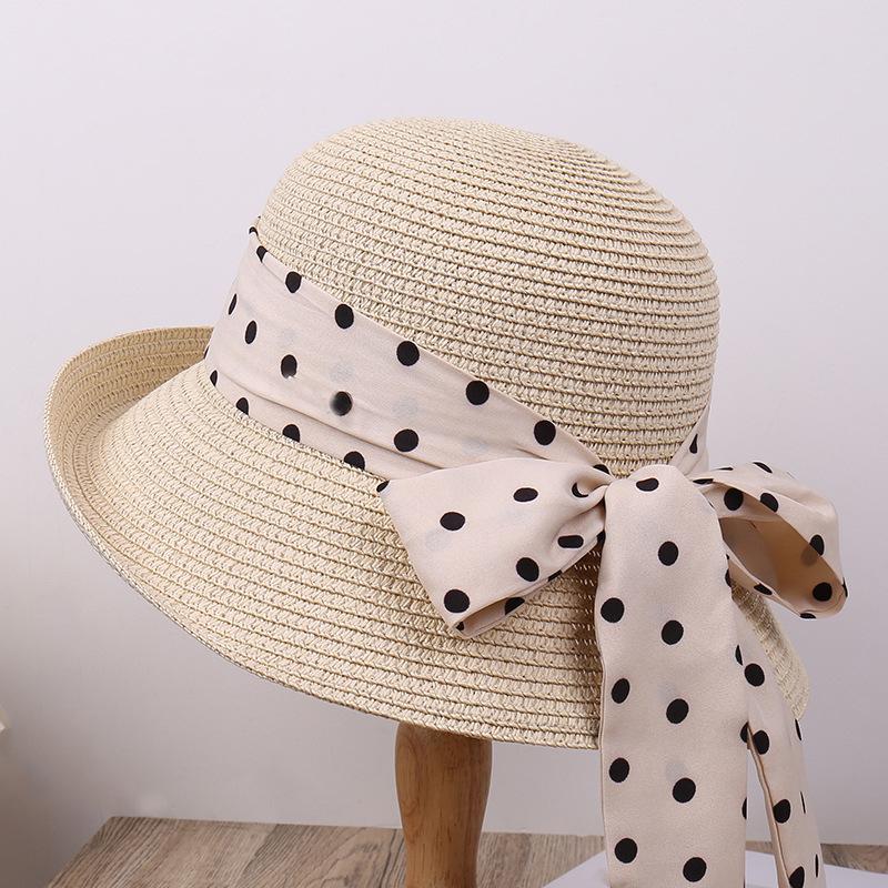 Polka Dot Ribbon Straw Hat Female Travel Beach Hat Summer Large Edge Sunscreen Sun Hat French Edge Sun Hat