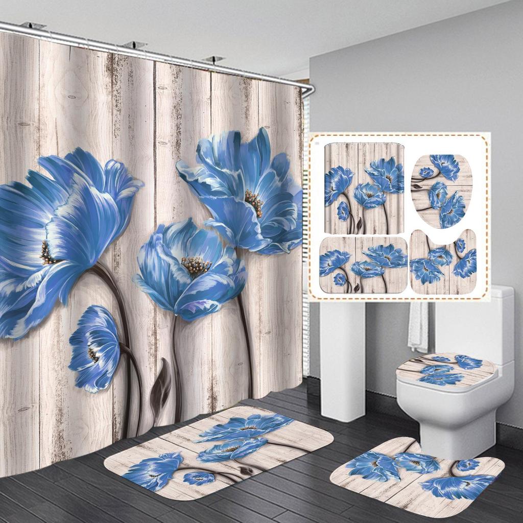 4 PCS Full Set Bathroom Set Shower Curtain Bath Non-Slip Floor Mat Carpet Home Bathroom