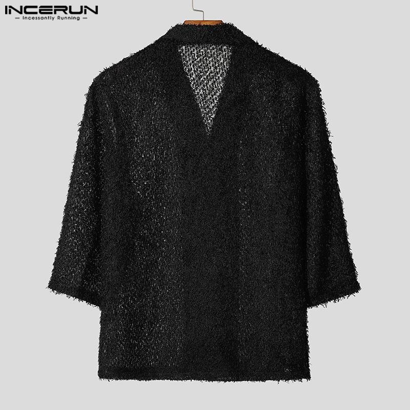 INCERUN Men Summer Half Sleeve Texture Tassel Buttons Up See Through T-shirts Shirts