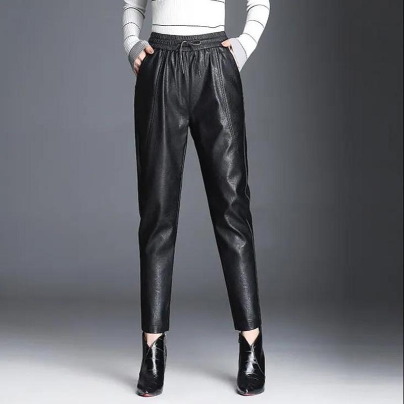 Plus Velvet Thickened PU Leather Pants Women's Loose Wide Leg Pants High Waist Nine Points Harem Pants Trousers