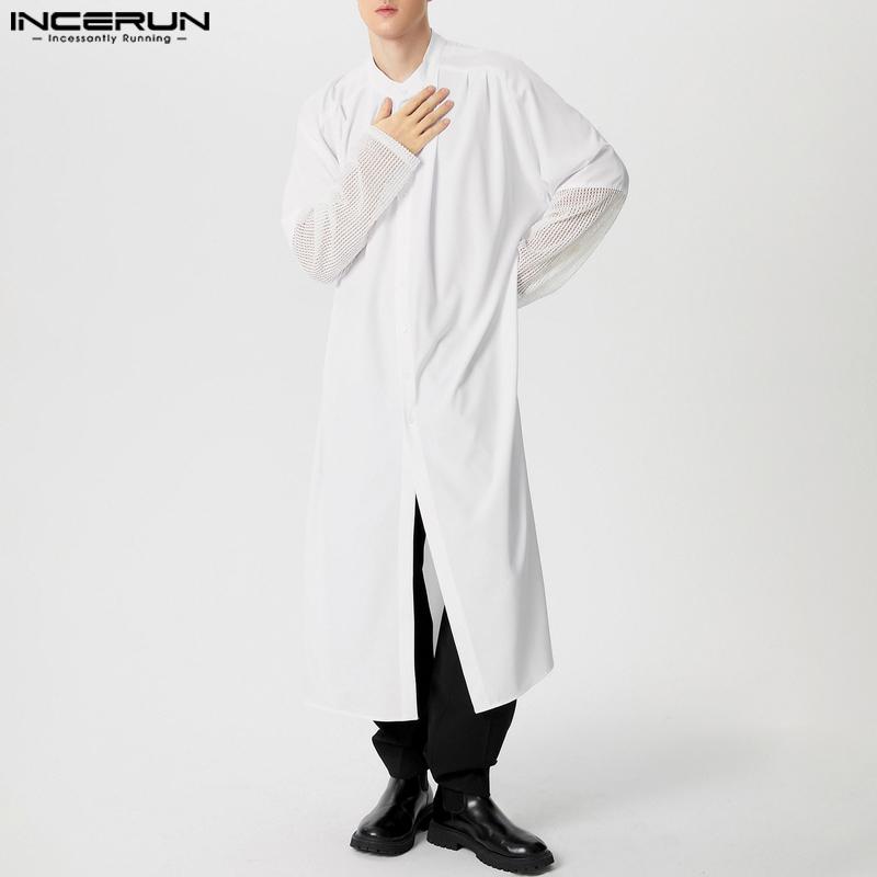 INCERUN Мужские рубашки с длинным рукавом и пуговицами, длинные, с разрезами, лоскутные туники, топы