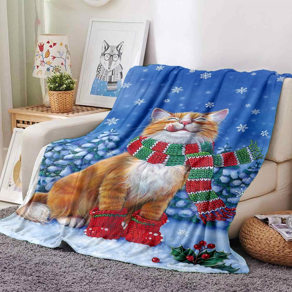 Christmas Cat Snow Blanket Soft Throw Blanket For Home Bedroom Bed Sofa Travel Office Solid Christmas Blanket