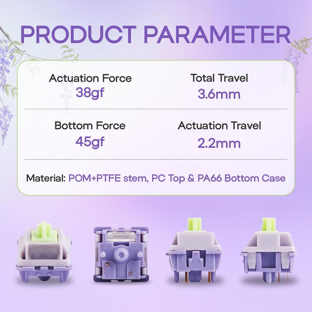 EPOMAKER Wisteria V2 Linear 38gf Keyboard Switch Set with Light Diffuser Lubricated 5 Pin Creamy Switches 35 Pieces for Mechanical Gaming Keyboard