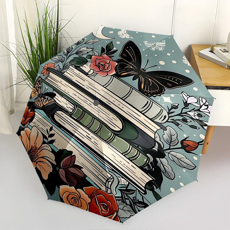 Books,Flowers Automatic Folding Umbrella Compact 8 rib Design,Unique Style,Suitable for Everyday Outdoor Use,Perfect Gift for Friends
