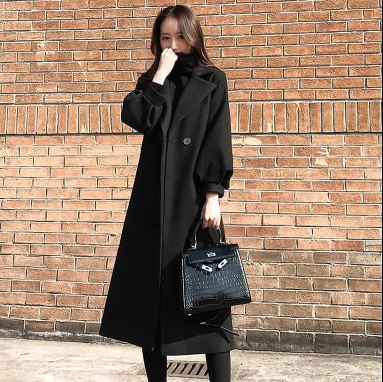 Women Wool Coat Solid Color V-neck Jacket Casual Slim Windbreaker Trend Temperament Top Over The Knee