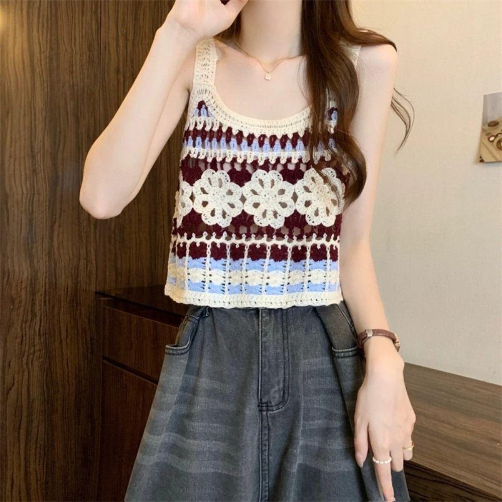 Short Knitted Vest Polyester Fiber Sleeveless Top Sweet Hollow Out Top Women's