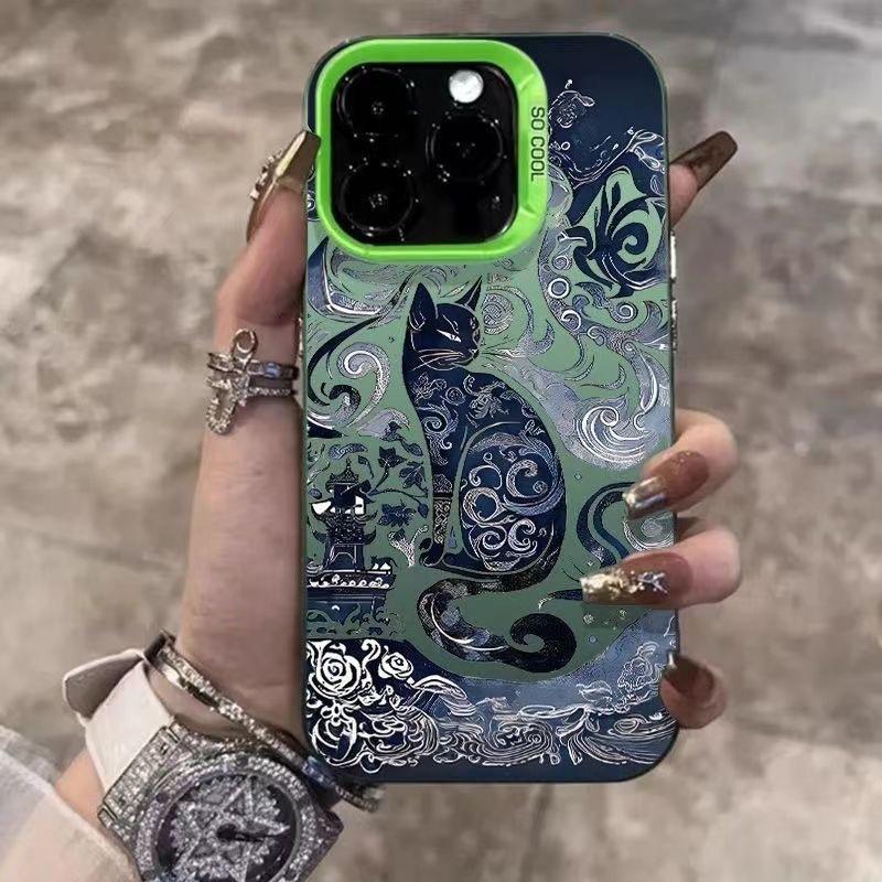 Ретро Чехол для телефона IPhone 16 Pro с кошкой, 15 Лазерный Чехол, 14 Apple 12 Ударопрочный, 11Xs Max Жесткий Высококачественный Чехол для телефона