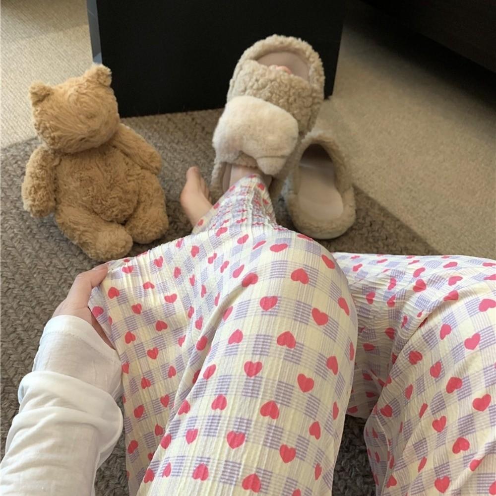 Korean Style Loose Trousers Colorful Drawstring Pants Sweet Plaid Heart Long Pants Office Casual