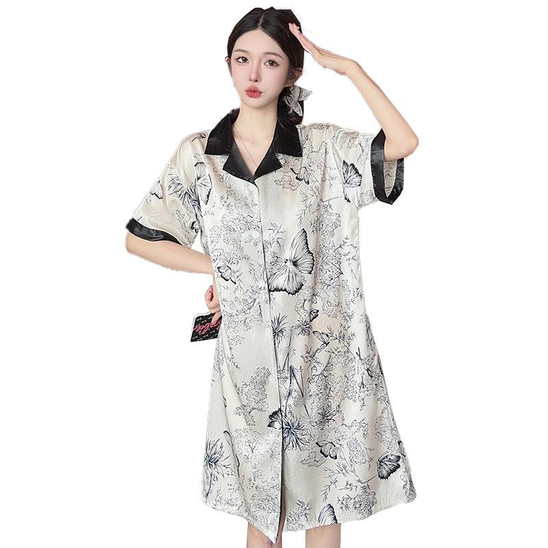 Women's National Style Ink, Butterfly Flower Print, Summer Ice Silk Shirt, Nightdress, Loungewear Can Be Worn Outside