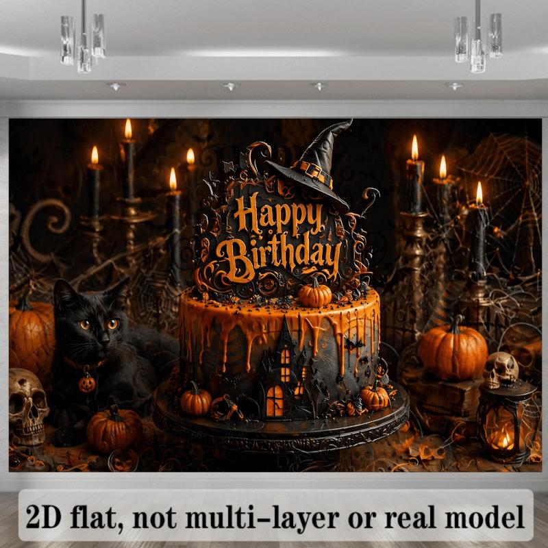 2D planar Halloween-themed birthday party banner background. Halloween style birthday theme with decorations.zyc