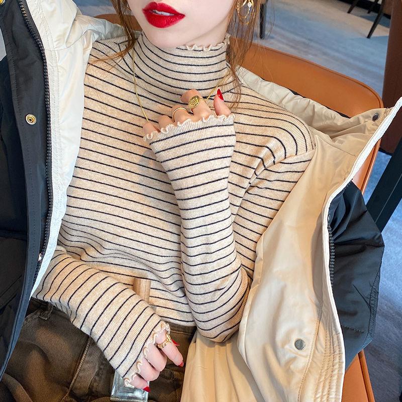 Пуловер женский бархатный полуводолазка в полоску, рубашка женская с длинным рукавом, универсальная