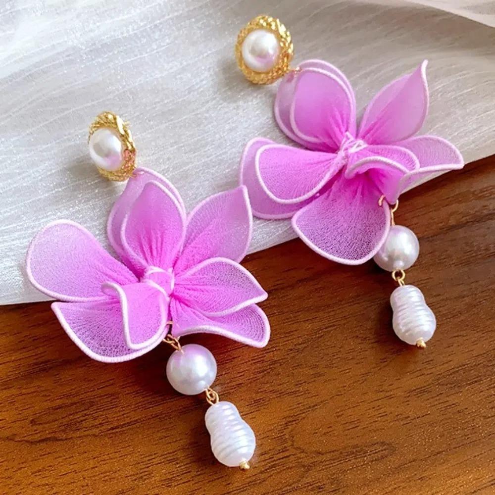 Sweet Beach Earrings Exaggerated Petals Stud Earrings Romantic Mesh Flower Dangle Earrings  Party