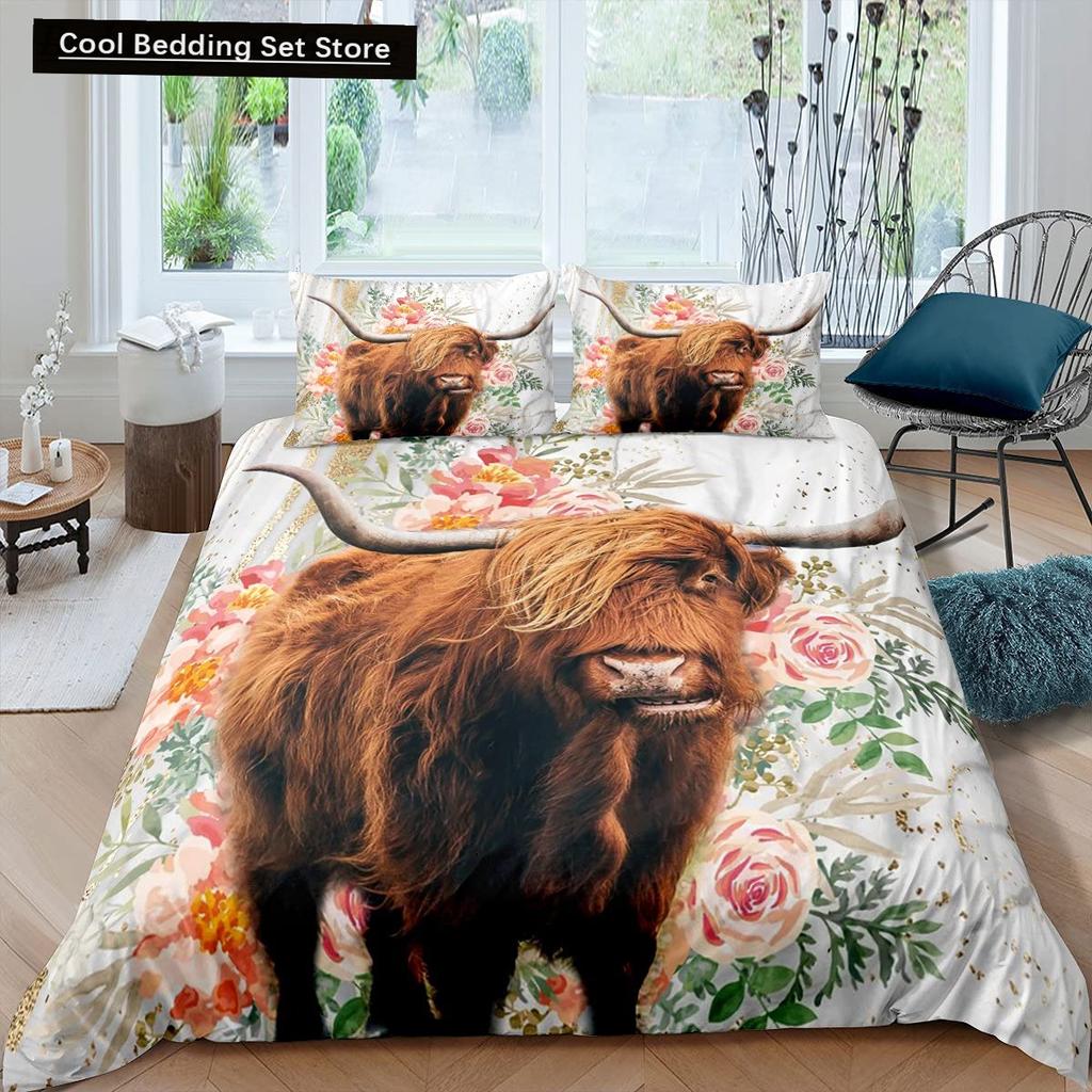 Highland Cow Flower King Queen Duvet Cover Cattle Rose Bedding Set Western Animal Comforter Cover Farmhouse Bull Quilt Cover