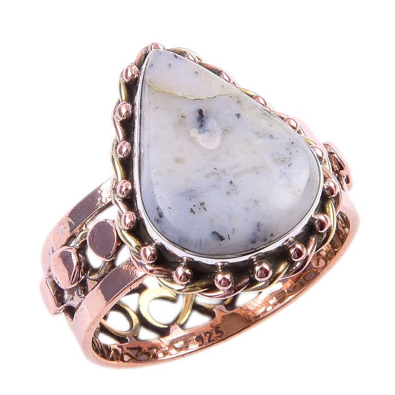 Natural Dendrite Opal Gemstone 925 Sterling Silver Two Tone Ring Size 10 Q6L28