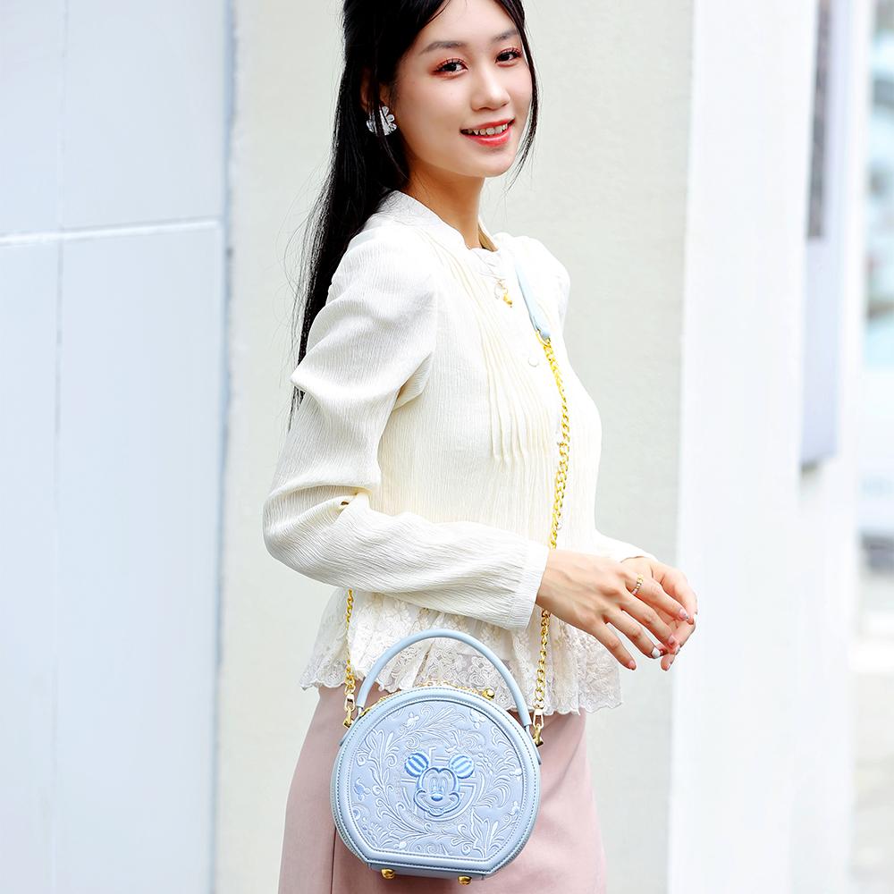 New Disney Mickey Series PU Small Round Bag, One Shoulder Handbag Women's Sky Blue/Milk White BMK-71581L