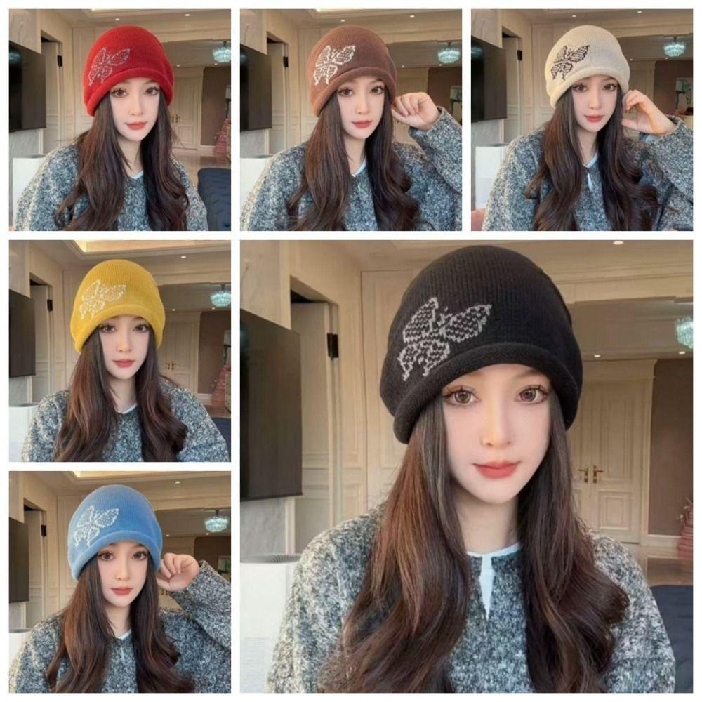 Butterfly Pattern Drawstring Beanie Cap Windproof Ear Protection Hat Knitted Woolen Hat for Women