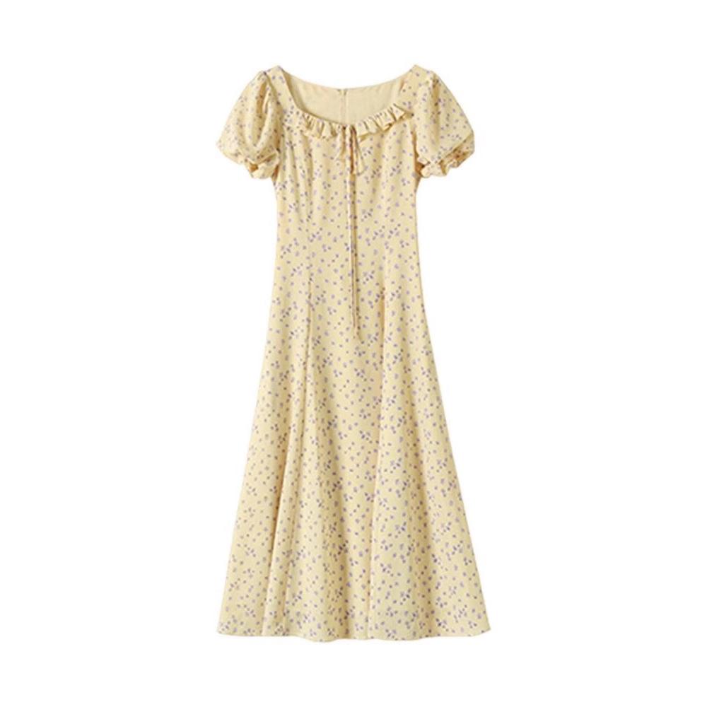 Coffee break French yellow floral dress children's summer new unique beautiful pure waist pinch dress
