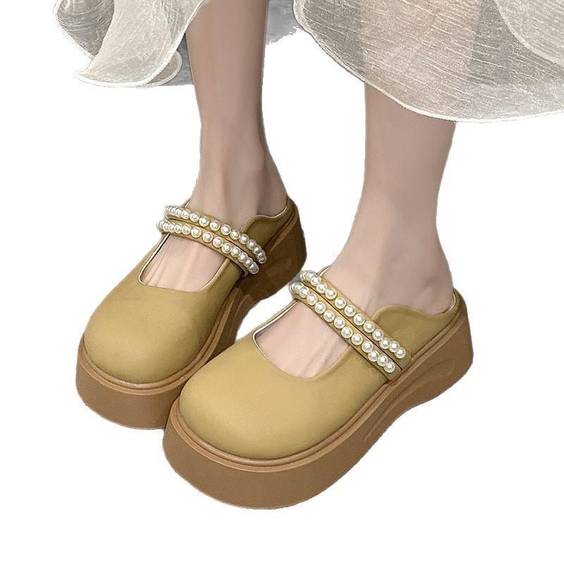 2025 Summer New Women's Shoes Muffin Platform Mary Jane Shoes Pearl Bag Head Slippers Casual Versatile Half-drag