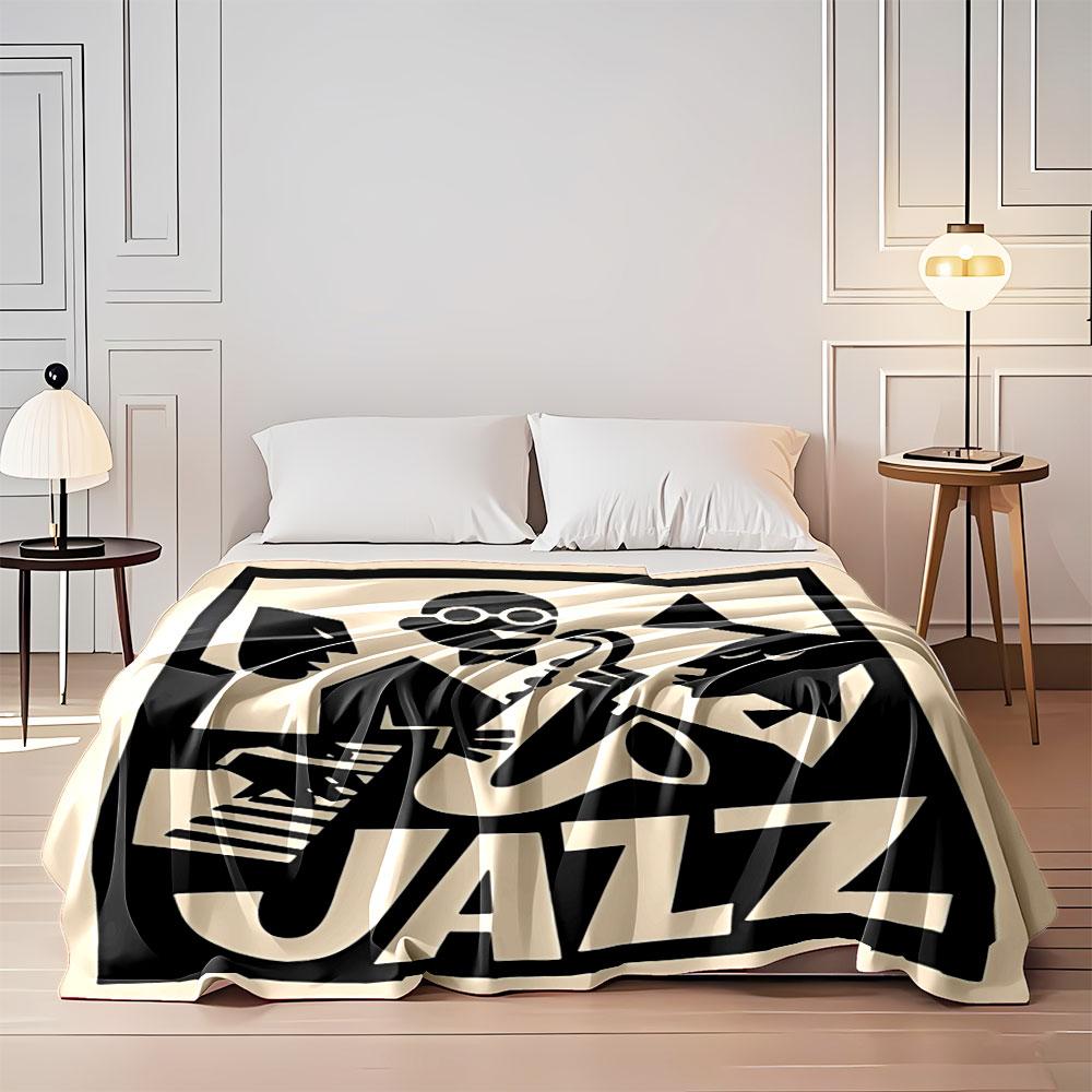 Stylized musicians with instruments and the word "JAZZ" in bold typography. for all seasons blanket lunch break throw gift