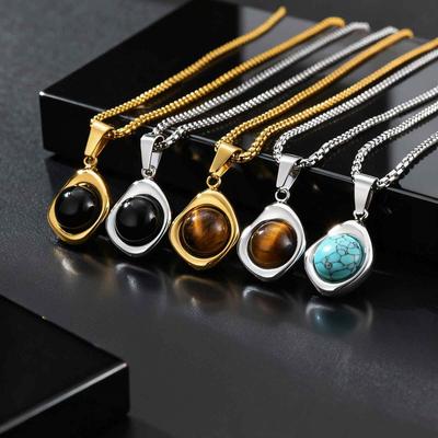 Vnox Ожерелье-кулон с камнем Тигровый глаз для мужчин, 45 50 55 60 см, Коробочная цепочка, Водонепроницаемая нержавеющая сталь, Натуральный камень, Ожерелье