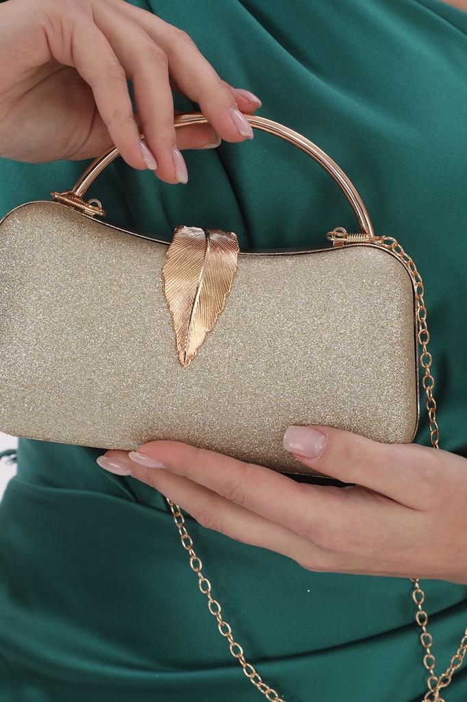 Women's Stylish and Useful Evening Dress Bag Gold Color Bream Material Leaf Accessory Hand and Strap Evening Dress Portfolio Clutch Evening Bag