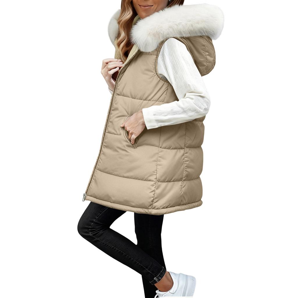 Women's Long Vest Plain Sleeveless Hood Winter Vest Outwear Jacket Lightweight Warm Coat Outerwear