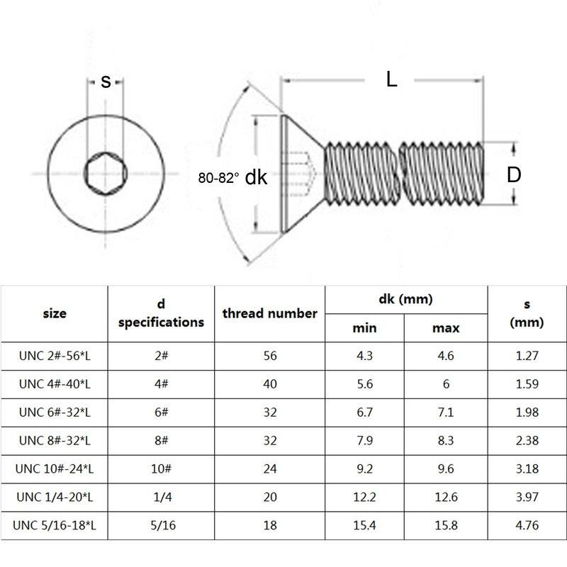 10pcs UNC 1/4-20 US Coarse Thread 304 A2 Stainless Steel Hex Socket Flat Countersunk Head Screw Bolt