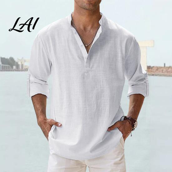Comfortable Pullover Alternative Men Casual Shirt Tops Stand Collar Quarter Buttons Solid Color Breathable Tops for Summer Vacation Daily Wear