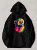 Black Pullover Hoodie with Vibrant Rainbow Monkey Graphic Colorful Animal Print Sweatshirt for Casual Daily Wear Unisex Streetwear