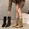Cowhide Version of Maillard Boots, New Pointed Mid-boots, Brown Women's Boots, Pleated Stacking Boots, Khaki Cowboy Boots