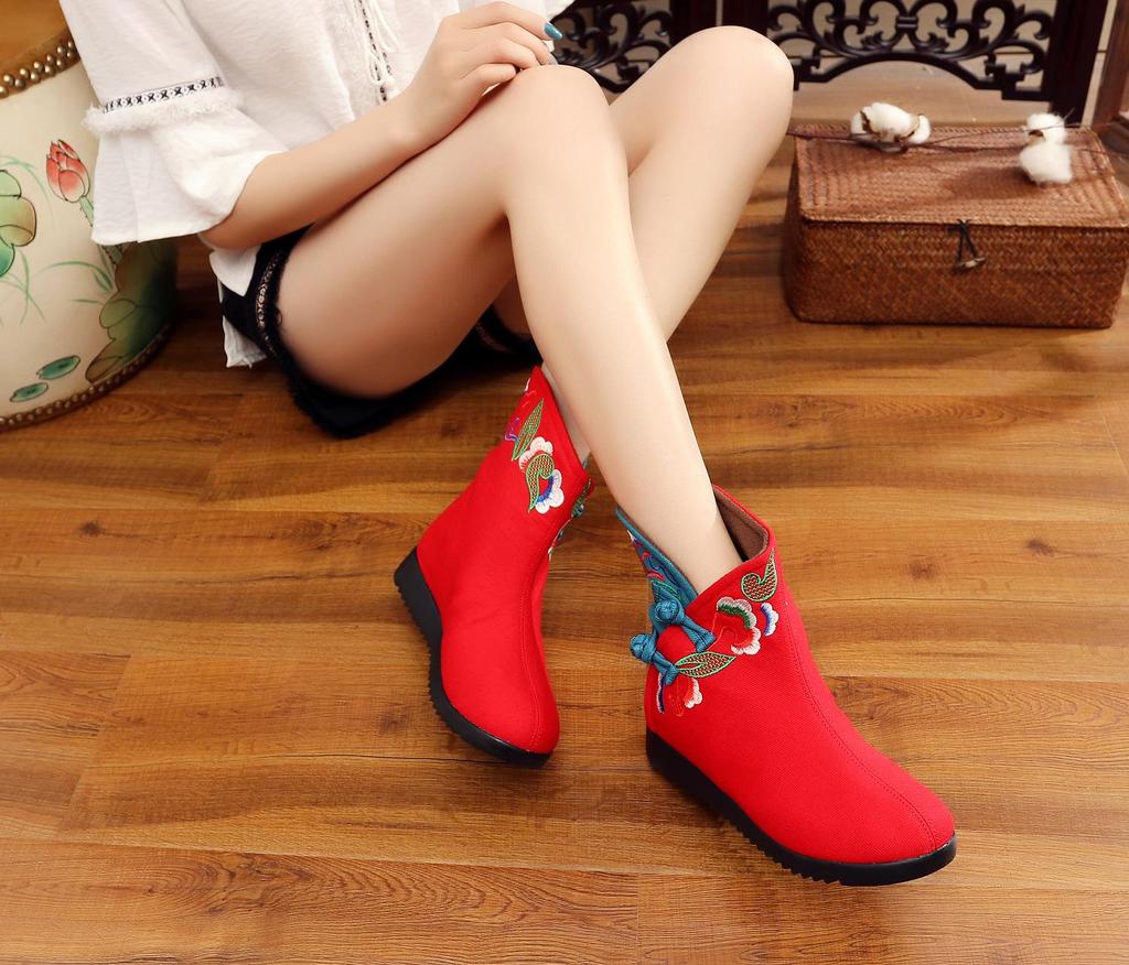 Women's Embroidered Short Boots - 2020 Autumn/Winter Hanfu Style, Low Heel, Ethnic Pattern, Old Beijing Cloth Shoes.