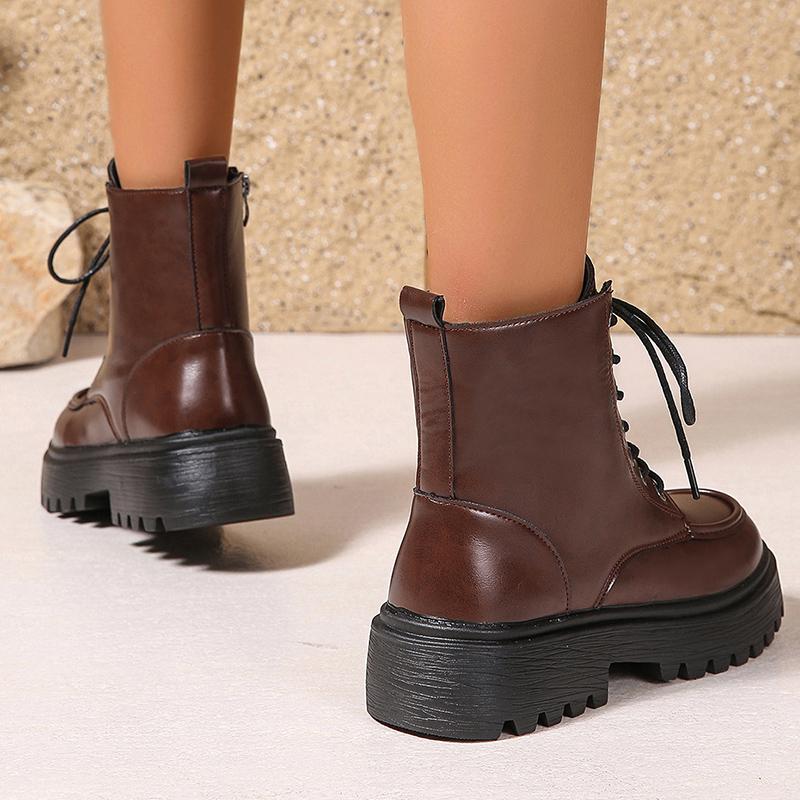 Fashion Autumn Winter Women's Platform Ankle Boots Pu Leather Lace Up Motorcycle Shoes Women Fashion Thick Sole Zipper Short Boots Woman