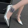 Мода 2024 Женская обувь с ремешком на щиколотке Женские туфли на высоком каблуке Сексуальные вечерние туфли Женские туфли с цветочной пряжкой Ремешок Острый носок Тонкий каблук Женская обувь